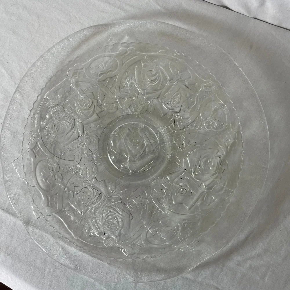 Floral Etched Glass Serving Platter Lot‎ of 2 - Round Decorative Plates 13